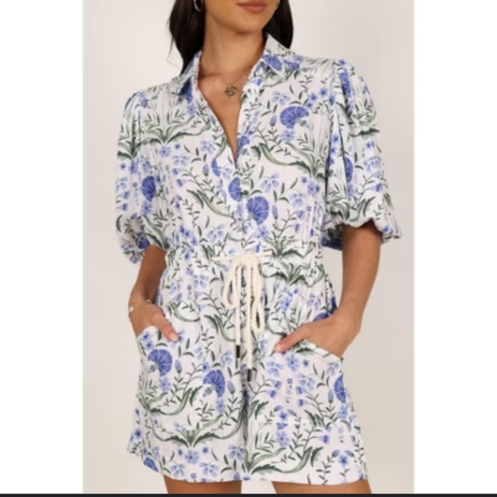 Petal & Pup White Floral Short Sleeve Romper with Blue and Green Print